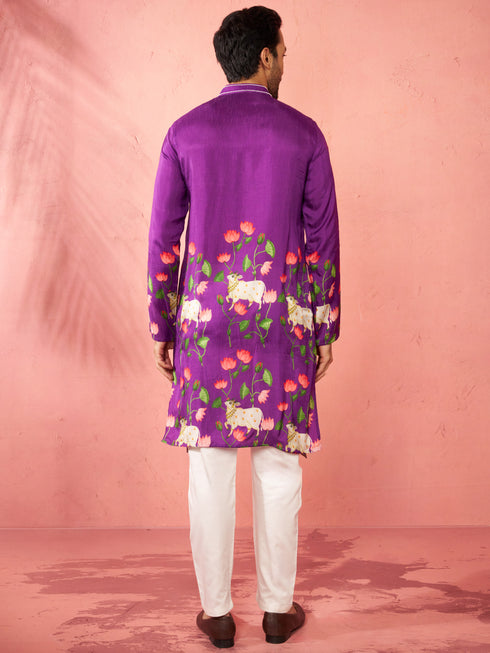 Men's Purple Dola Silk Digital Print Kurta with Cream Pyjama